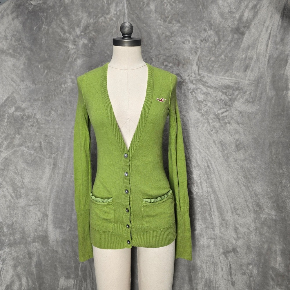 Hollister Green Knit Cardigan‎ Sweater Women S Y2K Preppy Goblin Ruffle Deep V